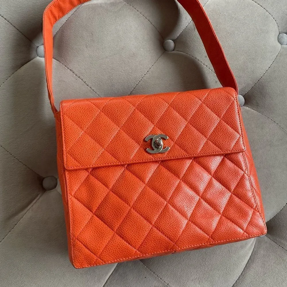 CHANEL Caviar Quilted Shoulder Bag Orange